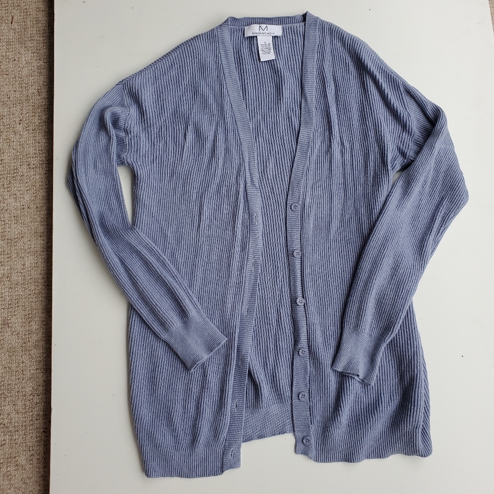 Magaschoni Small Cardigan Sky Blue Open Front Button Sweater Cashmere Cotton Mix
